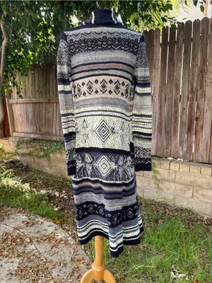 Free People Open-Front Knit Duster Cardigan Sweater Blue Multi boho bohemian XS thumbnail 5