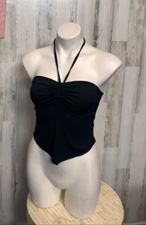 Romwe Crop Top Womens Medium Black Ribbed Halter Neck Ruched Handkerchief Hem thumbnail 1