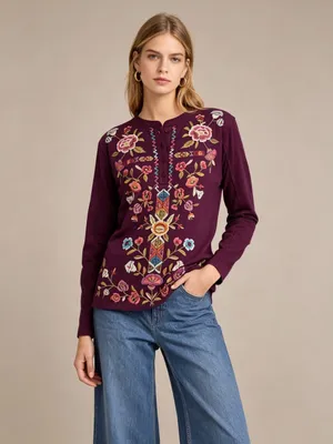 NWOT Johnny Was Anaya Floral-Embroidered Henley Top Tee Long Sleeve T-Shirt M thumbnail 2