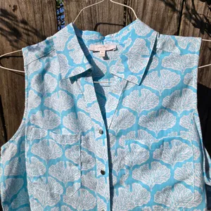 Coral Bay Linen Sleeveless Button Front Shirt Turquoise & White M thumbnail 3