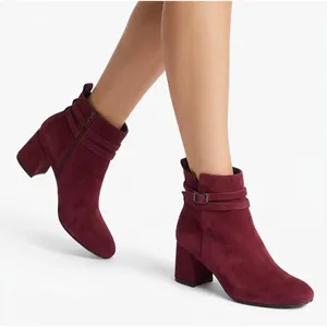 Paul Green Burgundy Suede Ankle Boots Block Heel Buckle Strap Zipper Size 7 US‎ thumbnail 1