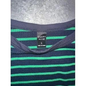 Emery Rose Womens Large Green Navy Striped Ribbed Ruched Sleeveless Tank Top thumbnail 2