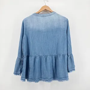 John Mark Embroidered Denim Linen‎ Top L Blue Floral Boho Bell Sleeve Fringe EUC thumbnail 5