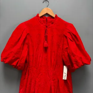 Eliza J Floral Embroidered Puff Sleeve Cotton Fit & Flare Dress in Red 14 thumbnail 6