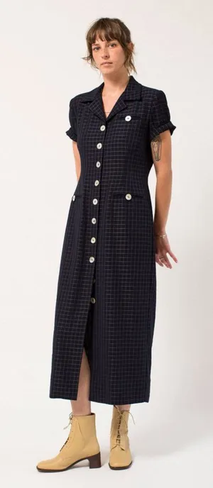 Jessica Howard Vintage 80s 90s Navy Blue Grid Plaid Abalone Button Midi Dress thumbnail 1