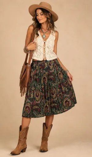 Vintage Paisley Pleated Midi Skirt Green Red Black Size 15/16 Large Boho Western thumbnail 1