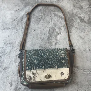 Myra Bag Canvas Cowhide Rug Tapestry Crossbody‎ Bag Teal Brown S-1250 thumbnail 2