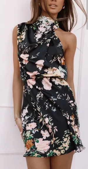 Petal + Pup Anabelle Halter Neck Black Floral Mini Dress Size Medium thumbnail 1