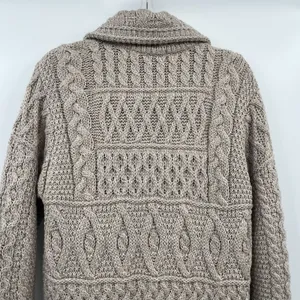 inis crafts merino 100% wool Sweater L Tan Long Full Zip Cable Knit Ireland Boho thumbnail 9
