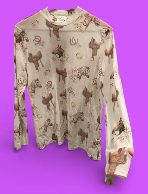 Cute Avery mesh mock long sleeve cowgirl western equestrian top stretchy sheer thumbnail 2