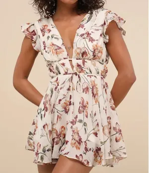 Lulus Flirty Ways Cream Floral Print Flutter Sleeve Romper thumbnail 1