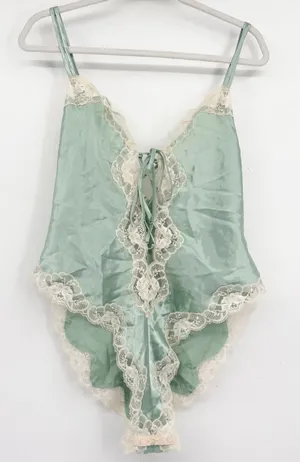 NWT Delicates Womens Sage Lace Trim Fairycore Vintage Satin Teddy Bodysuit Large thumbnail 1
