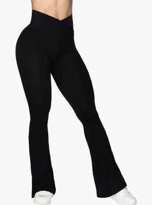 Black Extra High Rise Wide Leg Crossover Flare Active Leggings Gym Yoga Shaping thumbnail 1