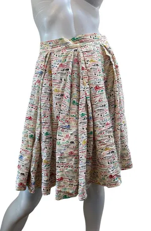 Orla Kiely Silk Sailboat Print Pleated Midi Skirt Nautical Marine Whimsical thumbnail 1