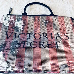 Victoria's Secret Limited Edition Pink & Silver Sequins Stripe Tote Bag Purse thumbnail 3