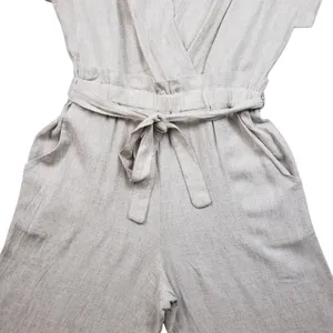Monteau Jumpsuit Womens Large Beige Linen Wide Leg V-Neck Cropped Boho Overall thumbnail 4