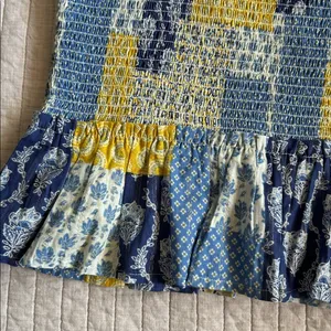 Natural life blue yellow boho floral patchwork smocked ruffle hem tops L XL​ thumbnail 10