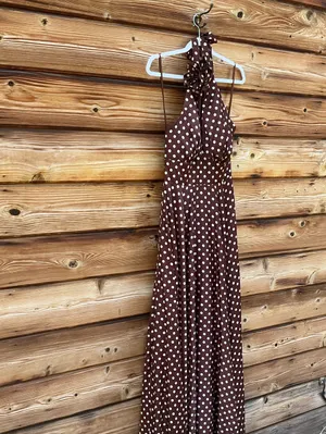 IEENA FOR MAC DUGGAL Size 2 Brown Polka Dot A-Line Halter Gown Rosette FLAWS thumbnail 7