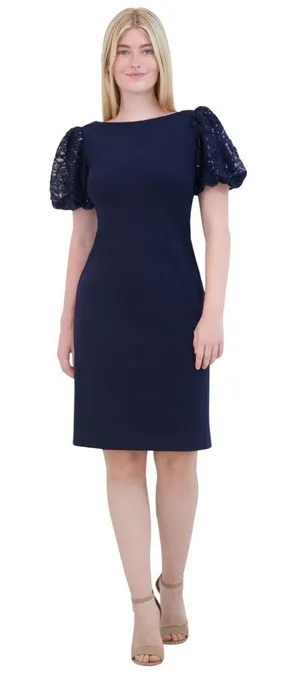 NWT Eliza J Sequined Puff-Sleeve Boat-Neck Sheath Dress EJ4M3056 Navy Blue 2 thumbnail 1