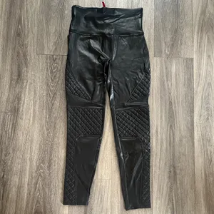 Black Faux Leather Quilted Leggings Large Moto High rise thumbnail 3
