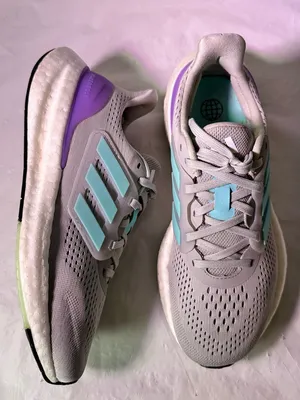 adidas Women's Light Gray Running Shoes with Aqua Stripes and Purple Heel Accent thumbnail 5