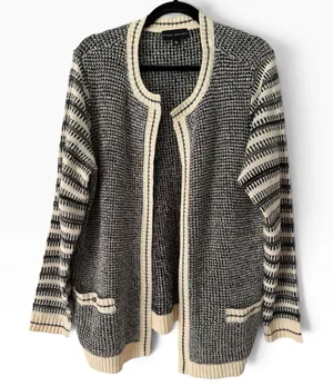 Susan Graver Textured Black Cream Open Front Cardigan Sweater Size XL thumbnail 1