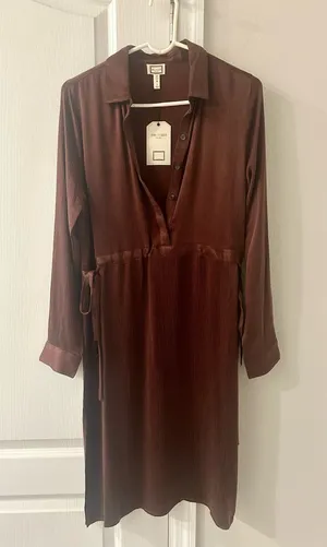 Brown Long-Sleeve Tie-Waist Dress Size Small thumbnail 1