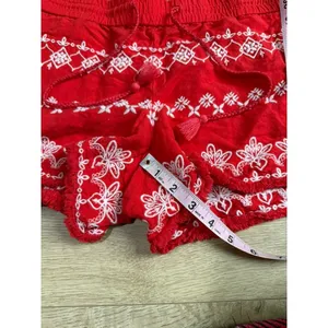 LOFT Red Embroidered shorts LINEN VISCOSE drawstring BOHO pockets Fray Edge sz S thumbnail 9