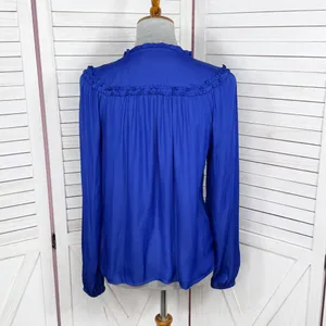Loft Ruffle Trim Tie Neck Button Up‎ Blouse Long Sleeve Lapis Blue Small thumbnail 5