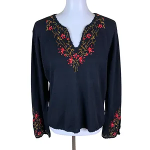 Curio Black Embroidered Floral Sweater‎ Large Vintage Boho Cottagecore thumbnail 2
