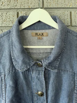 Flax Chambray Denim Jacket Blue Linen Cotton Blend Size Large thumbnail 2