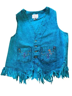 Arizona Jones Acid Denim Vest Sz XL Dyed Fringe Aztec Southwest Festival Tribal thumbnail 3