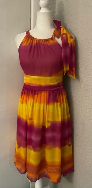 Express Silk Sunburst Tie Dye Shoulder Dress 4 Dopamine Rainbowcore Barbie Boho thumbnail 1