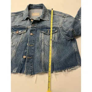 Free People Distressed Denim Jacket Cut-Off Frayed Edge Cropped Oversized sz S thumbnail 7