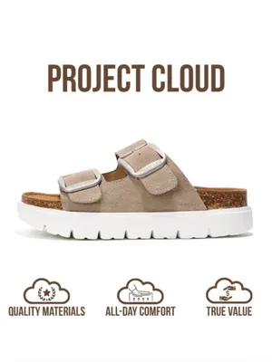 Double-Buckle Slide Sandals in Taupe with Cushioned Footbed thumbnail 6