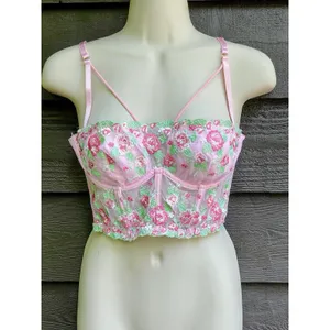 Fairycore Coquette Pink Green Floral Embroidered Corset Top Finesse Olivia M thumbnail 3