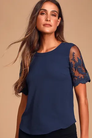 Lulus Lisa Marie Navy Blue Embroidered Mesh Lace Short Sleeve Top Size Small thumbnail 1