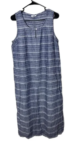 Pure Jill Blue Striped Pattern Scoop Neck Linen Sleeveless Maxi Dress‎ Medium thumbnail 1