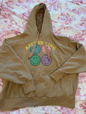 American Eagle Huggable Happy Face Hoodie Size L Keep Smiling Tan thumbnail 1