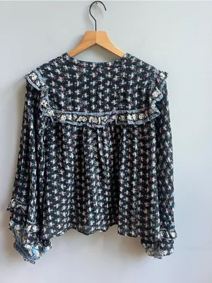 Free People Jenna Top Printed Long Sleeve Blouse Size Small Black Blue White thumbnail 9
