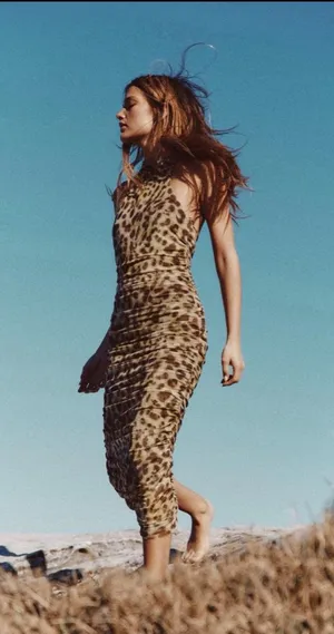 Zara Leopard-Print Ruched Midi Dress in Tan thumbnail 1