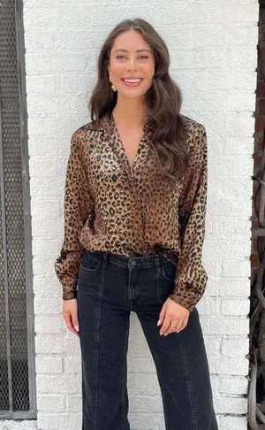 ZARA Vintage TEAS Brown and black leopard print button down blouse size medium / has shoulder pads thumbnail 1