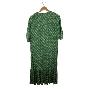 Zara Green Block Print Floral Hem Midi Dress XS Boho Prairie Cottage Relaxed thumbnail 7