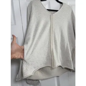 POL Oversized V-Neck Hoodie Womens Size M Oatmeal Heathered Boho Raw Hem Fleece thumbnail 3