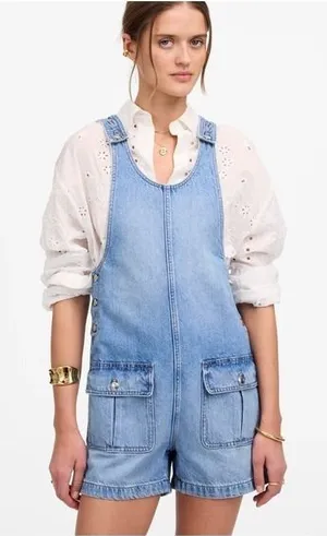 Madewell Scoopneck‎ Denim Shortalls Chambray Blue XXS Button Front Patch Pockets thumbnail 1