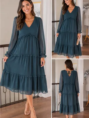 NWT Lumiere Teal Tiered Midi Dress Sheer Sleeve Romantic Cottagecore thumbnail 2
