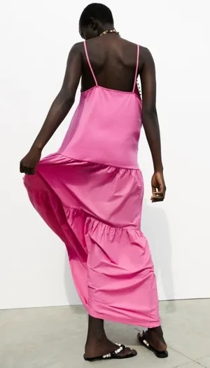 ZARA Mixed Material Drop Waist Tiered Sleeveless Maxi Dress Pink thumbnail 2
