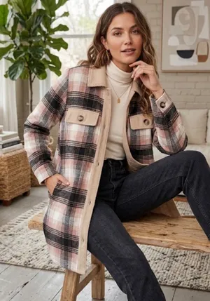 Melloday Pink Brown Plaid Long Line Button Front Shacket Size XL thumbnail 1