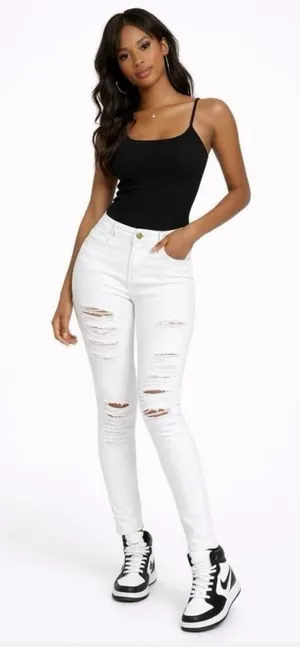 Frame Denim Le Skinny‎ De Jeanne Raw Hem Distressed Ripped White Jeans 24 $225 thumbnail 1