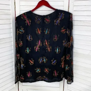 Stenay Vintage Sequin‎ Beaded Silk Blouse Black Multi XL thumbnail 9